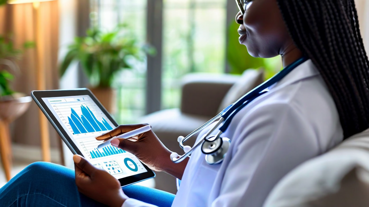 Patient at home reviewing health data on tablet