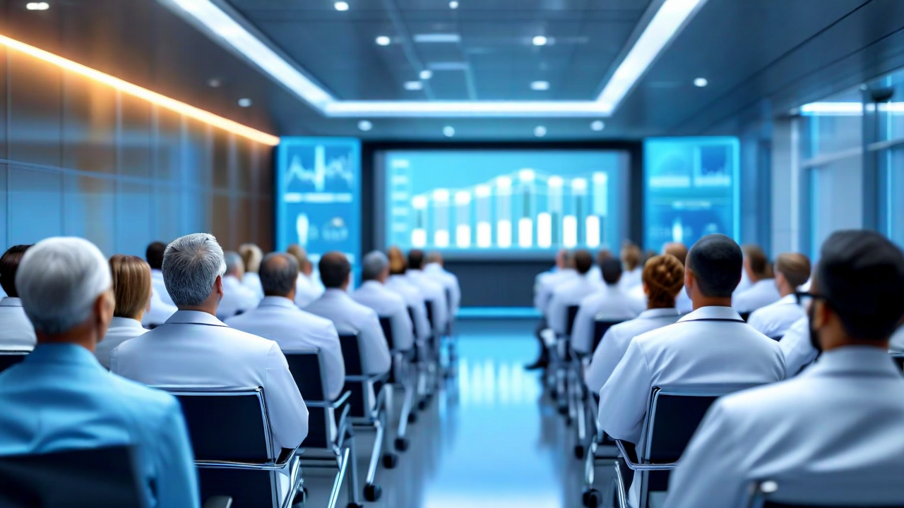 Healthcare executive presenting outcomes report to insurance panel