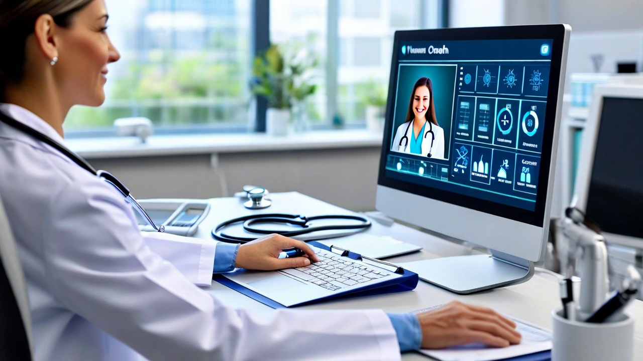 Physician conducting video consultation from clinic office
